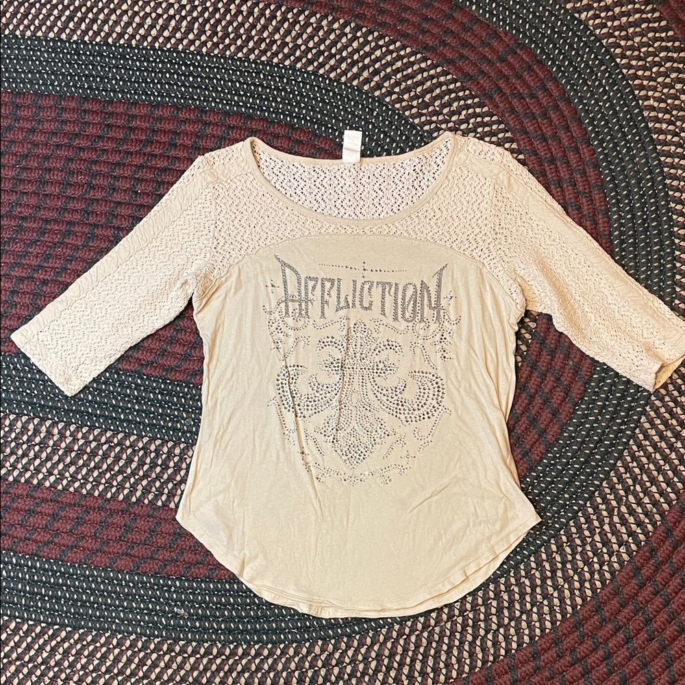 Affliction Woman’s Decadence Cream Color Bling Top Size Large